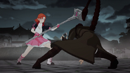 Tyrian (RWBY) using his tail to block Nora's hammer.