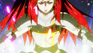 Erza (Fairy Tail) can use her Requip "The Knight" to trade in and out different armors/clothes from a storage dimension
