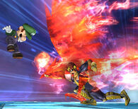 Captain Falcon (F-Zero) using his Falcon Punch, a punch in the shape of a flaming falcon.