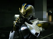 Kamen Rider Ixa (Kamen Rider Kiva) wielding the Ixa Knuckle.