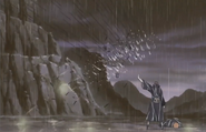 Nagato (Naruto) using Shinra Tensei to control the repulsive force of gravity, deflecting a barrage of kunai. There is basically a 5-seconds interval between usage.