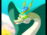 Evil Snake (The Adventures of Little Carp), an anthropomorphic Sea Snake who pretends to be a dragon king by wearing horns and wears fake blue skin which resembles a hood.