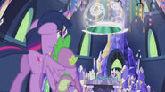 Starlight Glimmer (My Little Pony: Friendship is Magic) uses Star Swirl the Bearded's time spell scroll to cast a spell to open a time portal over the Cutie Map to travel back in time.