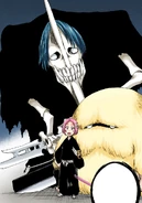 Yachiru Kusajishi (Bleach) summons Sanpo Kenjū, two creature sword-fighters who mimic her movements, one preceding while the other follows after, making it very difficult to avoid all three strikes.