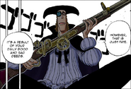 Senriku (One Piece) is one of the most powerful flintlock rifles in the world. Combined with Van Agur's superb marksmanship, the rile is capable of shooting down targets from an extremely long-range and is powerful enough to destroy the opposition's bullets and gun barrels.