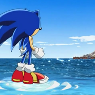 Sonic (Sonic X) using the Hover Shoes to walk on water.