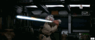 Luke Skywalker (Star Wars) deflecting blaster bolts while blindfolded.