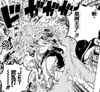 Riding on his beloved steed Farul, Cavendish (One Piece) fights off an army of Doflamingo Pirates.