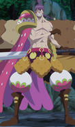 Charlotte Cracker (One Piece) is extremely skilled in wielding his huge double-edged sword Pretzel, splitting the gigantic tree King Baum's head with one swipe of his blade.