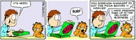 Garfield (Garfield) causing a paradox by eating a pizza before it ever arrived.
