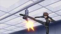 Suzaku Kururugi (Code Geass) demonstrates his physical condition by outrunning a camera-mounted machine gun and then kicking it off its base.