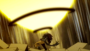 Gajeel Redfox (Fairy Tail) using Iron Shadow Dragon's Roar to breathe a mix of metal and shadow.