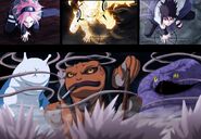 Sakura, Naruto and Sasuke (Naruto) summoning Katsuyu, Gamakichi and Aoda.