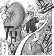 Silver Fang (One-Punch Man) performed Water Stream Rock Smashing Kick to reverse Fuhrer Ugly’s Face Caving Punch into his own.