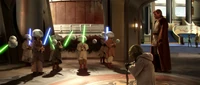 Yoda (Star Wars) training Jedi younglings in the ways of the Force.