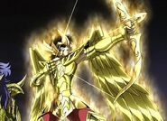 Sagittarius Aiolos (Saint Seiya) uses the Sagittarius Golden Bow and Arrow.