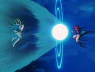 Gogeta (Dragon Ball GT) combines Goku's Kamehameha with Vegeta's Big Bang Attack to create the Big Bang Kamehameha.