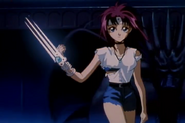 Fūko Kirisawa (Flame of Recca) manipulating the element of wind with her Madōgu, Fūjin, in many ways that she can use in battle.