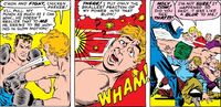 Despite holding back immensely, Peter Parker/Spider-Man (Marvel Comics) sends Flash Thompson flying with one punch.