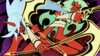 Scanty and Kneesocks (Panty and Stocking with Gaterbelt) wield demonic weapons that are formed from their respective garments, Double Gold Lacytanga and Double Gold Spandex. The weapons are capable of strengthening a demon's power as well as go up against Panty's and Stocking's Backlace and Stripe I and II.