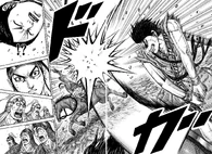 Li Xin's (Kingdom) strength allows him to deliver powerful and heavy strikes against his opponents like when he sent Rin Ko and his horse reeling...