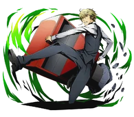 Due to his anger issues, Shizuo Heiwajima (Durarara) is introduced as a violent, no-nonsense tough guy, tending to throw vending machines and fight people who provoked him.