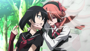 Chelsea (Akame Ga Kill!) stabs Kurome with a needle with lethal precision at her vital pressure point, which would have killed her were it not for her drugs.