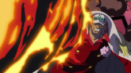 With the Devil Fruit's ability of the Magu Magu no Mi, Akainu/Sakazuki (One Piece) unleashes Dai Funka in the Marine War.