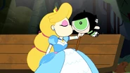 Mistaking Buttercup for a prince, Bluebelle passionately kisses her.