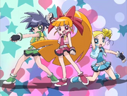 The Powerpuff Girls Z's pose and background, stars for Buttercup, hearts for Blossom, and circles for Bubbles