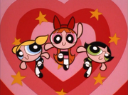 The girls forming their usual end shot pose in front the of the pulsating hearts with the falling stars seen behind them, as seen at the end of "Too Pooped to Puff".