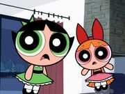 Blossom and Buttercup surprised at Bubbles's outburst in "Octi-Gone".