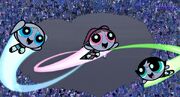 The Girls flying happily as they are finally allowed to save the day in The Powerpuff Girls Movie.