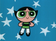 Buttercup against a blue background with light blue stars, as seen in the episode "Bought and Scold".