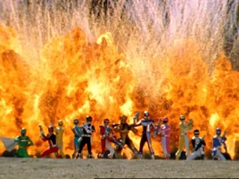 Retro Rangers with the Overdrive Rangers and Sentinel Knight