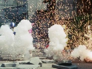 THe Egg Bombs explodes on Fivemen.