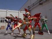 Carter and the other Rangers using their Battlizers against Vypra and her Demon Warriors