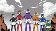 The Franchouchou members wearing Sentai-like suits