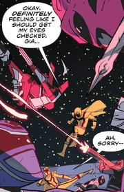 Gia as a skirtless Yellow Mystic Ranger.