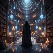 Cloaked-figure in Mystic Library