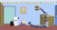 Stewie Griffin (Family Guy) using his teleportation device that has a delayed effect, causing a duplicate to be teleported while the original went the long way.