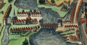Pierwszy znany wizerunek mostu wraz z węzłem Bramy Wielkiej na miedziorycie z dzieła Civitates orbis terrarum (1618)