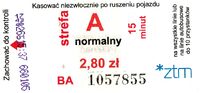 Bilet normalny 15-minutowy, strefa A (od 1 stycznia 2013)