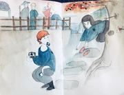 Jay and Acacia putting burrs in Laurel's shoes, in the style of Mizuno Toshikata’s "Entrance to the Tea Rooms".