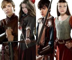 Peter, Susan, Edmund, and Lucy Pevensie as they appear in movieverse Prince Caspian.