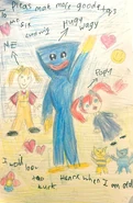 A child's drawing of Huggy Wuggy and other mascots, alongside with a kid asking to "Make more good toys".