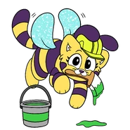 A mural of Cat-Bee carrying a paintbrush in her mouth.