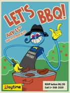 A poster of Daddy Long Legs grilling multiple hot dogs, shown to advertise a sort of BBQ event.