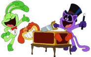 A unused artwork of Hoppy Hopscotch, DogDay and CatNap doing magic.