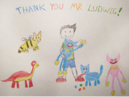 A child's drawing of Huggy Wuggy and other mascots thanking Elliot Ludwig